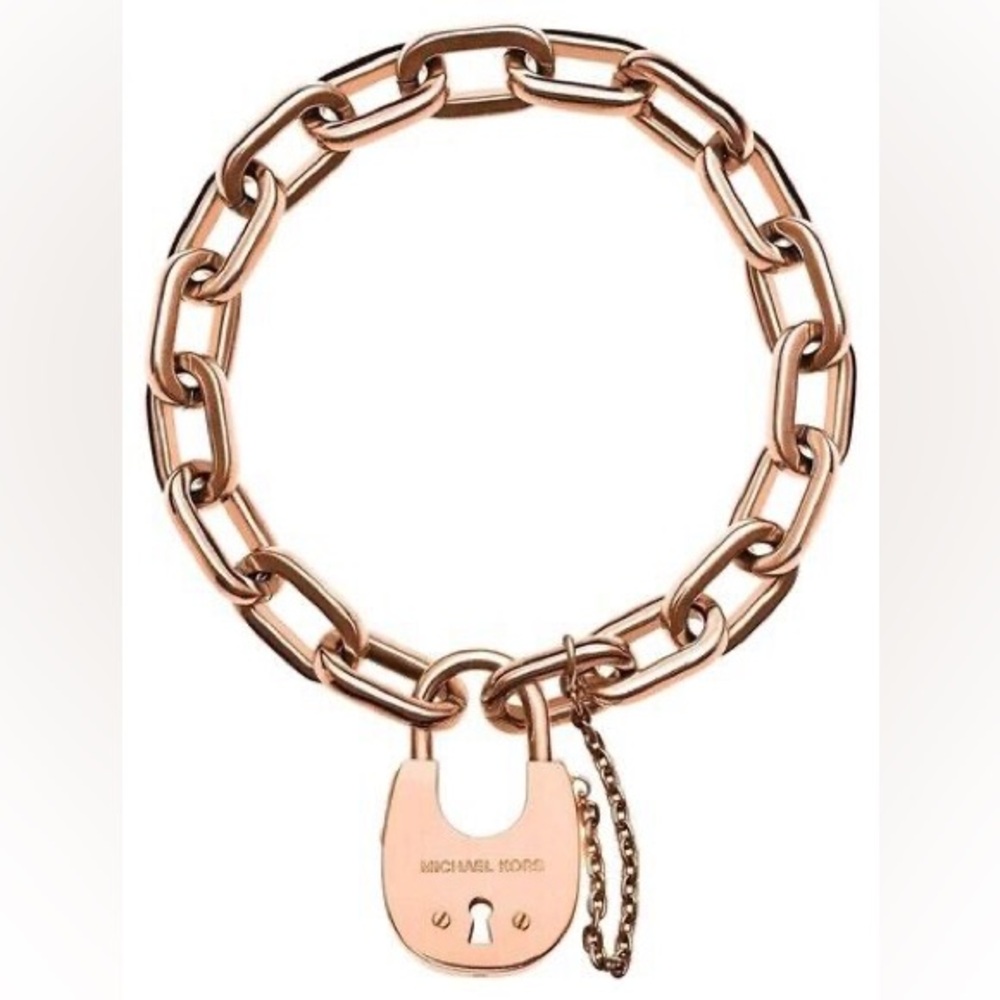 NEW $125 Michael Kors Cityscapes Padlock Rose Gold Chain Bracelet MKJ4629791 NIB